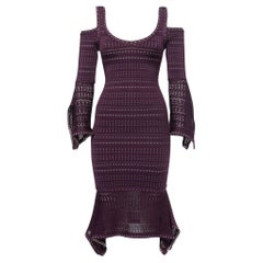 Used Herve Leger Purple Perforated Knit Cold Shoulder Bodycon Dress