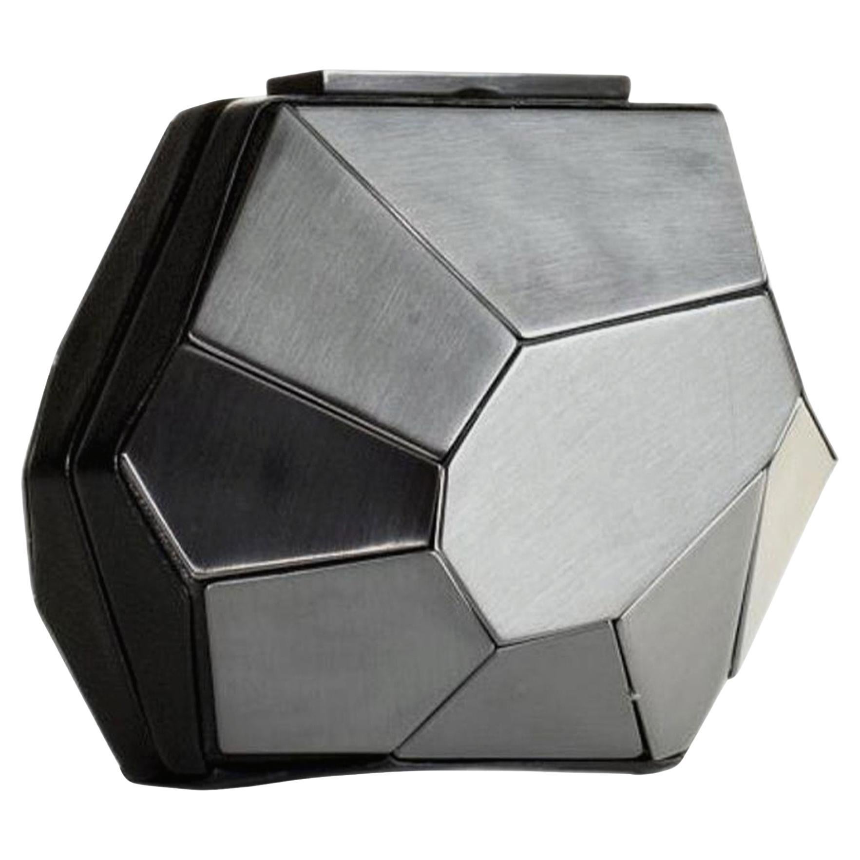 Hervé Leger Rare Multifaceted Minaudière Metallic Grey Metal and Leather Clutch For Sale