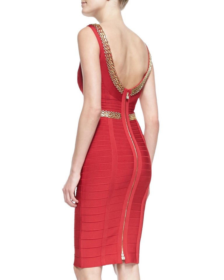 HERVE LEGER RED ARDELL CHAIN-DETAIL BANDAGE Dress EU 38 For Sale at 1stDibs