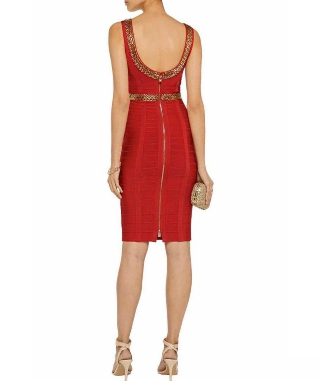 HERVE LEGER RED ARDELL CHAIN-DETAIL BANDAGE Dress EU 38 In Excellent Condition In Montgomery, TX