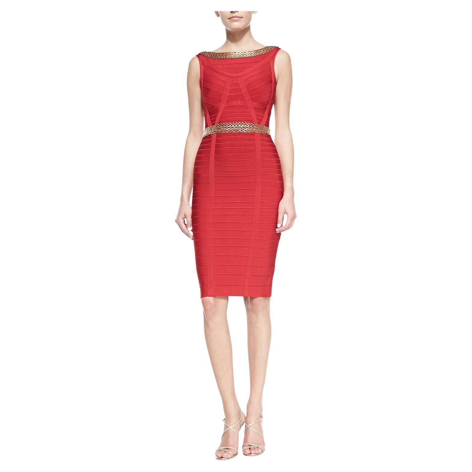 HERVE LEGER RED ARDELL CHAIN-DETAIL BANDAGE Dress EU 38