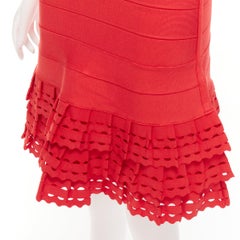 HERVE LEGER Rotes ausgeschnittenes Kleid mit Rüschensaum und ausgestellter Passform XS