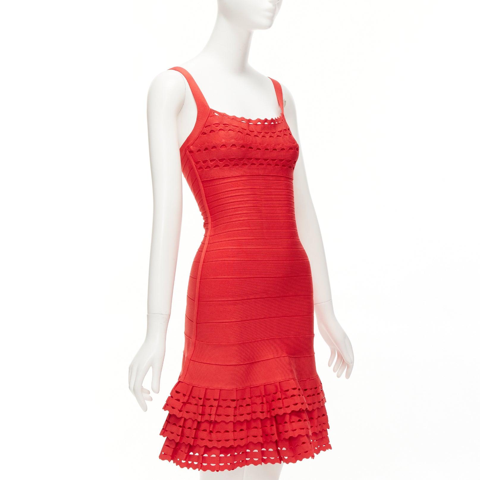 HERVE LEGER red cut out tiered ruffle hem bandage fit flared dress XS In Excellent Condition In Hong Kong, NT