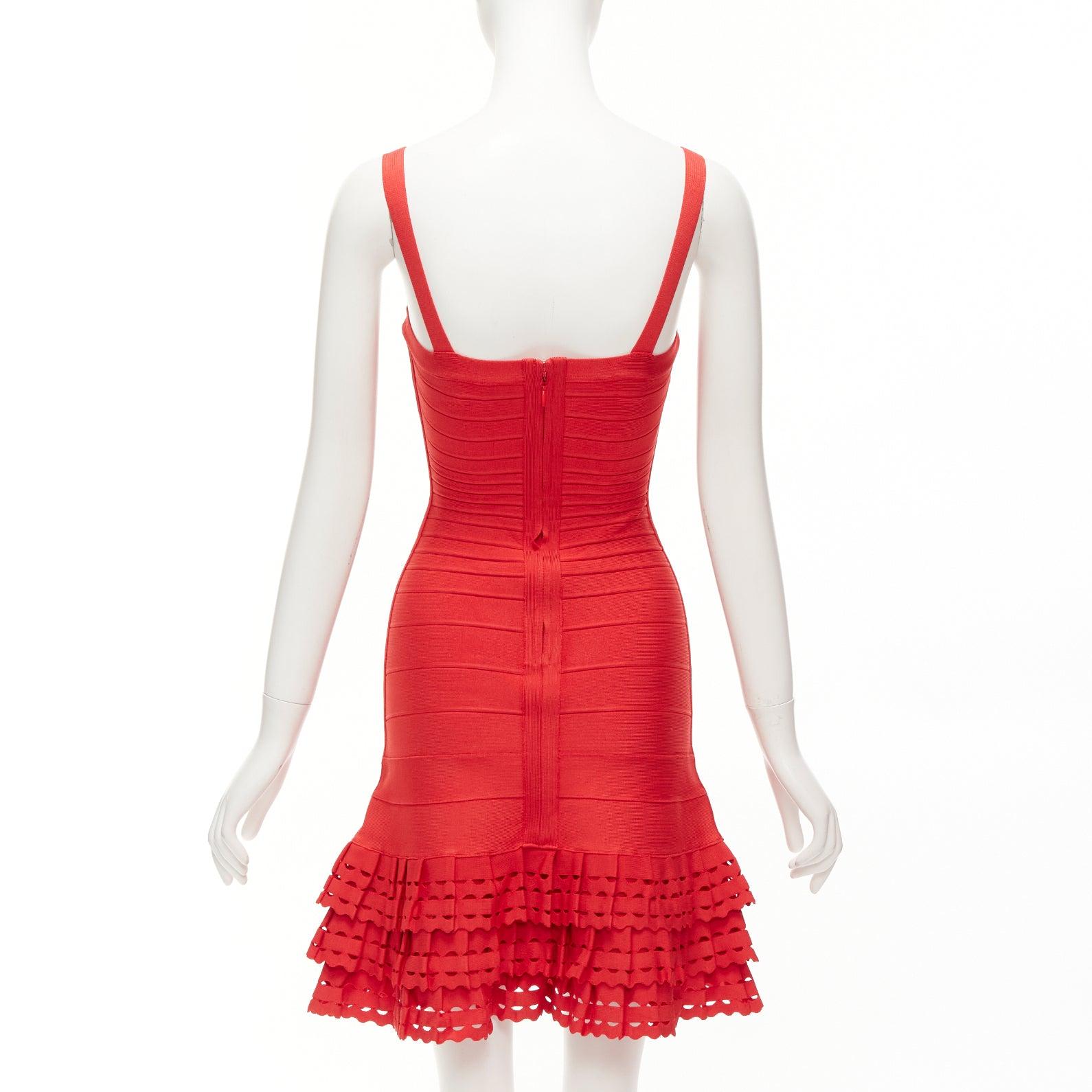 HERVE LEGER red cut out tiered ruffle hem bandage fit flared dress XS 1