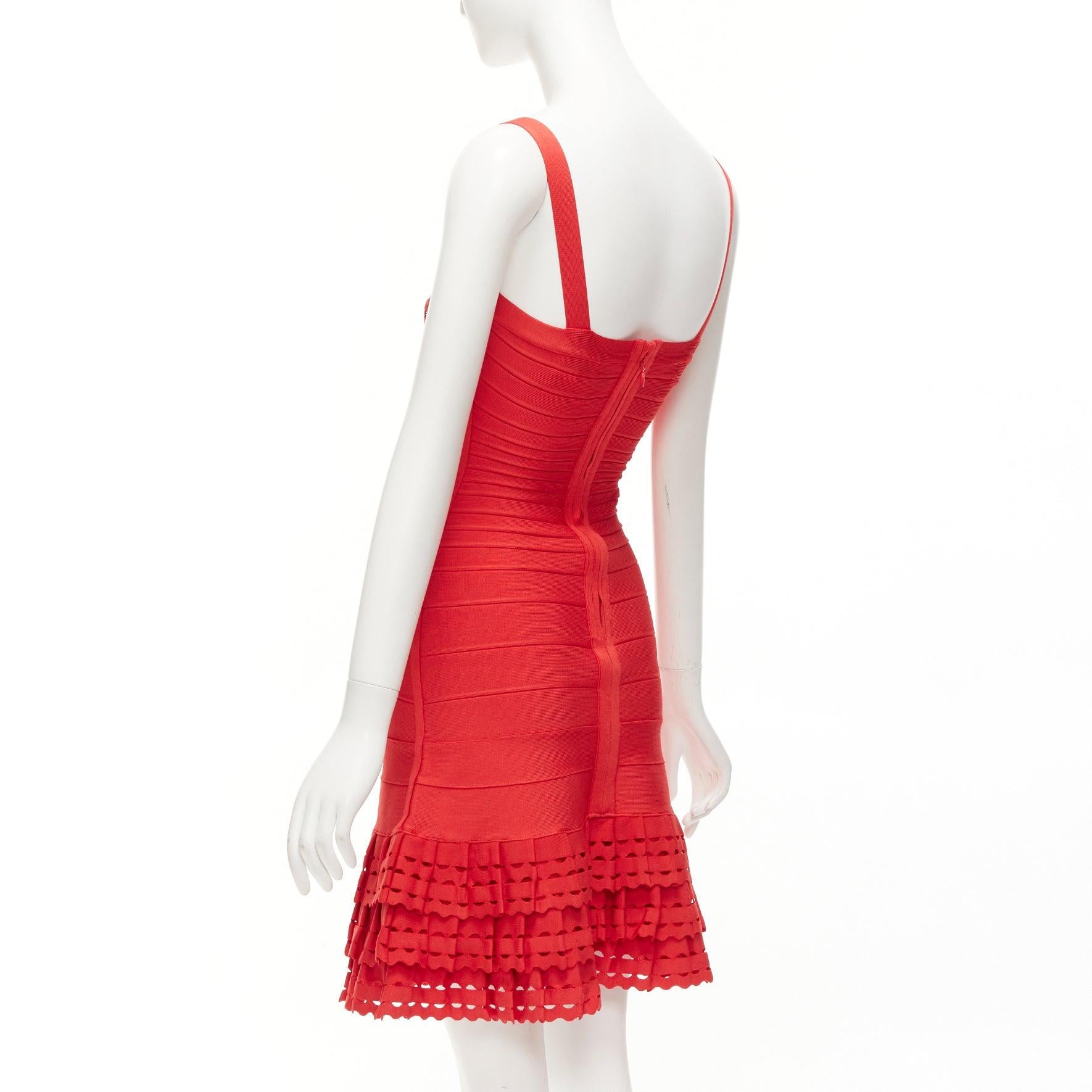 HERVE LEGER vestido acampanado rojo recortado con volantes en el bajo XS en venta 1