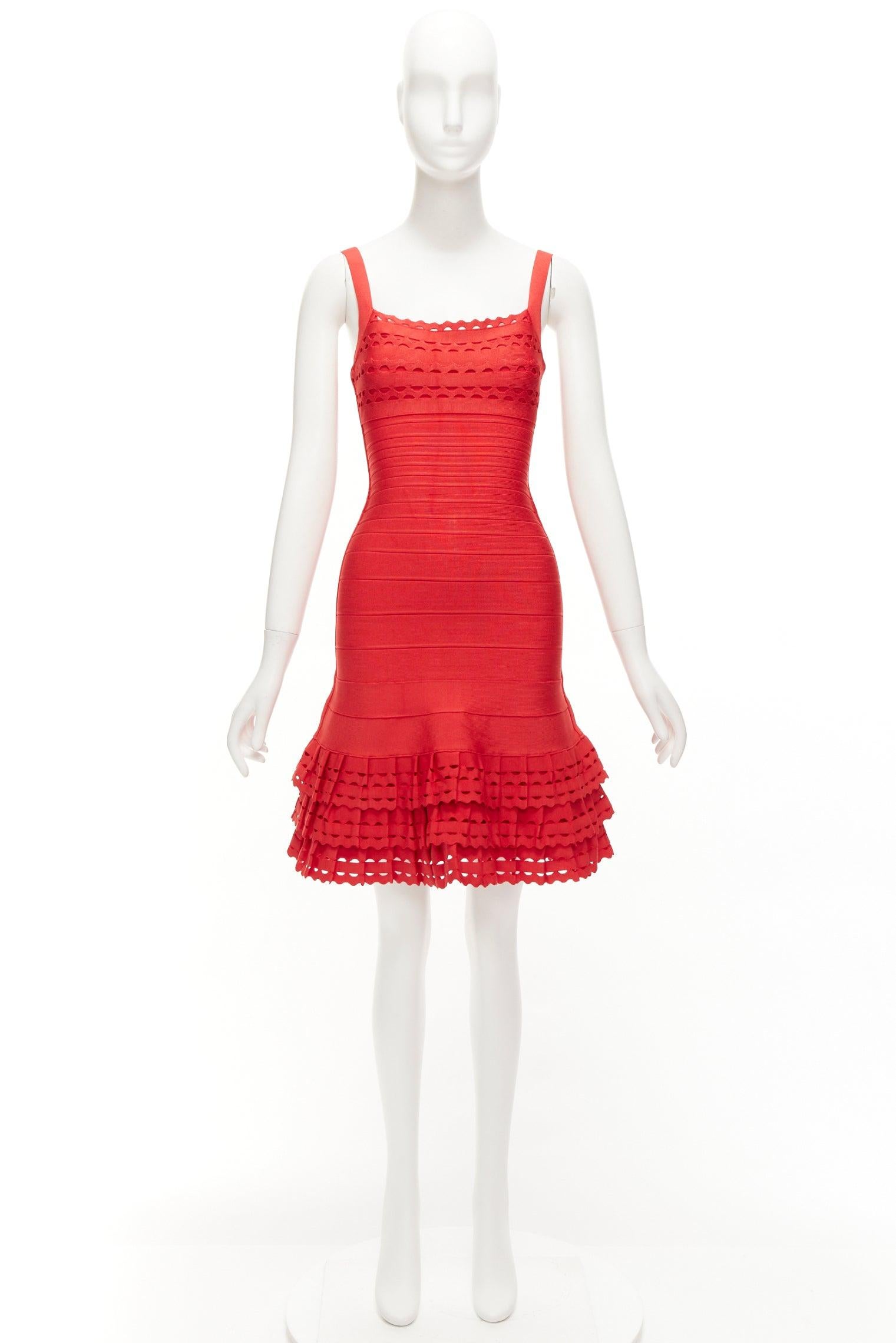 HERVE LEGER vestido acampanado rojo recortado con volantes en el bajo XS en venta 4