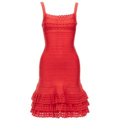 HERVE LEGER Rotes ausgeschnittenes Kleid mit Rüschensaum und ausgestellter Passform XS