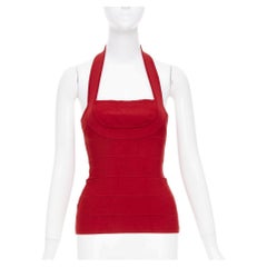 HERVE LEGER red halter neck structured bodycon bandage tank top XS