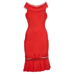 Herve Leger Red Knit Cut-Out Detail Boat Neck Darja Dress S