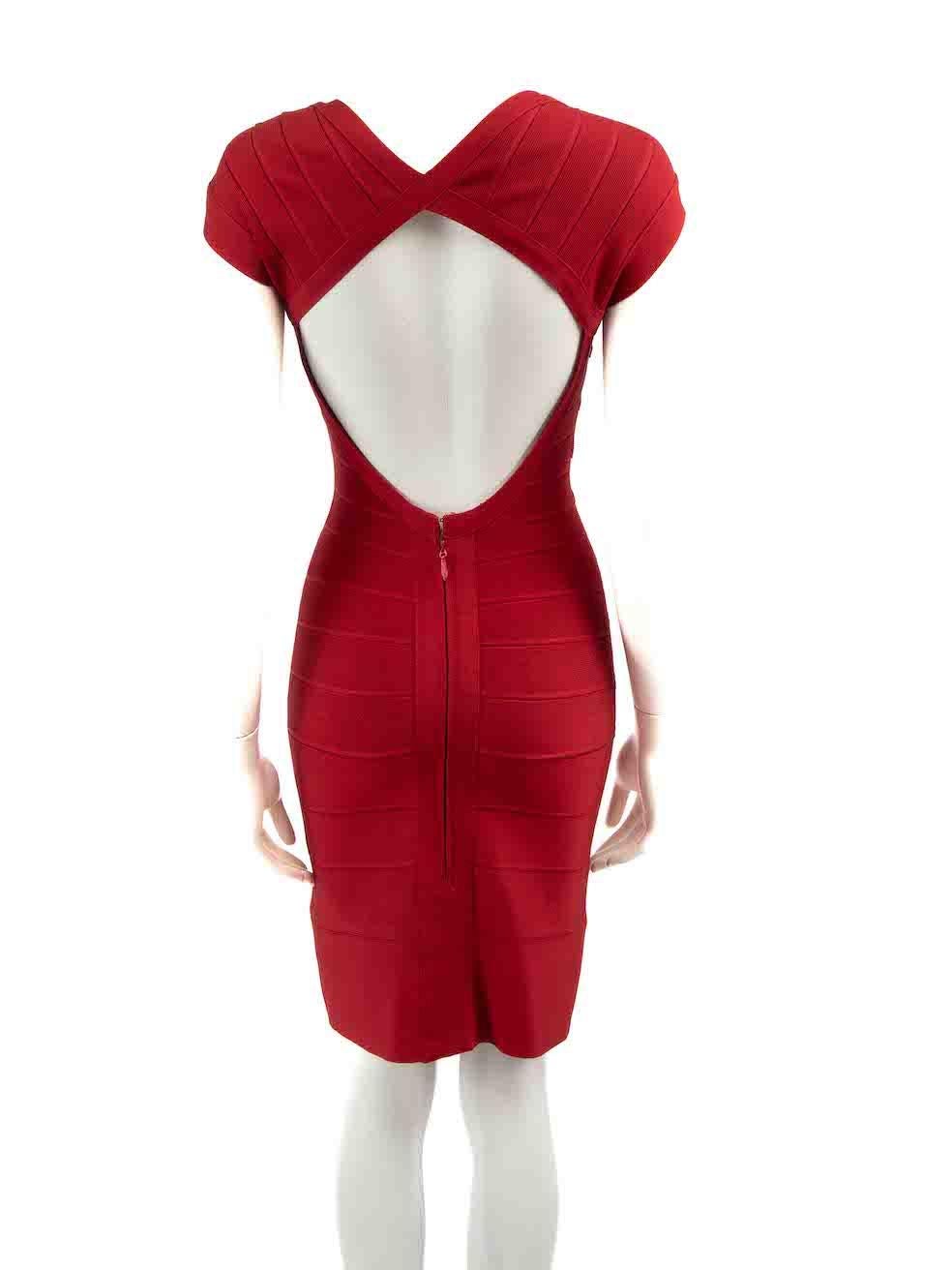 Herve Leger Red Square Neck Bandage Midi Dress Size XS In Good Condition For Sale In London, GB