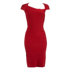 Used Herve Leger Red Square Neck Bandage Midi Dress Size XS