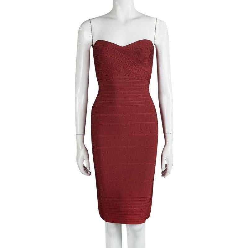 Brown Herve Leger Red Strapless Bandage Dress XS