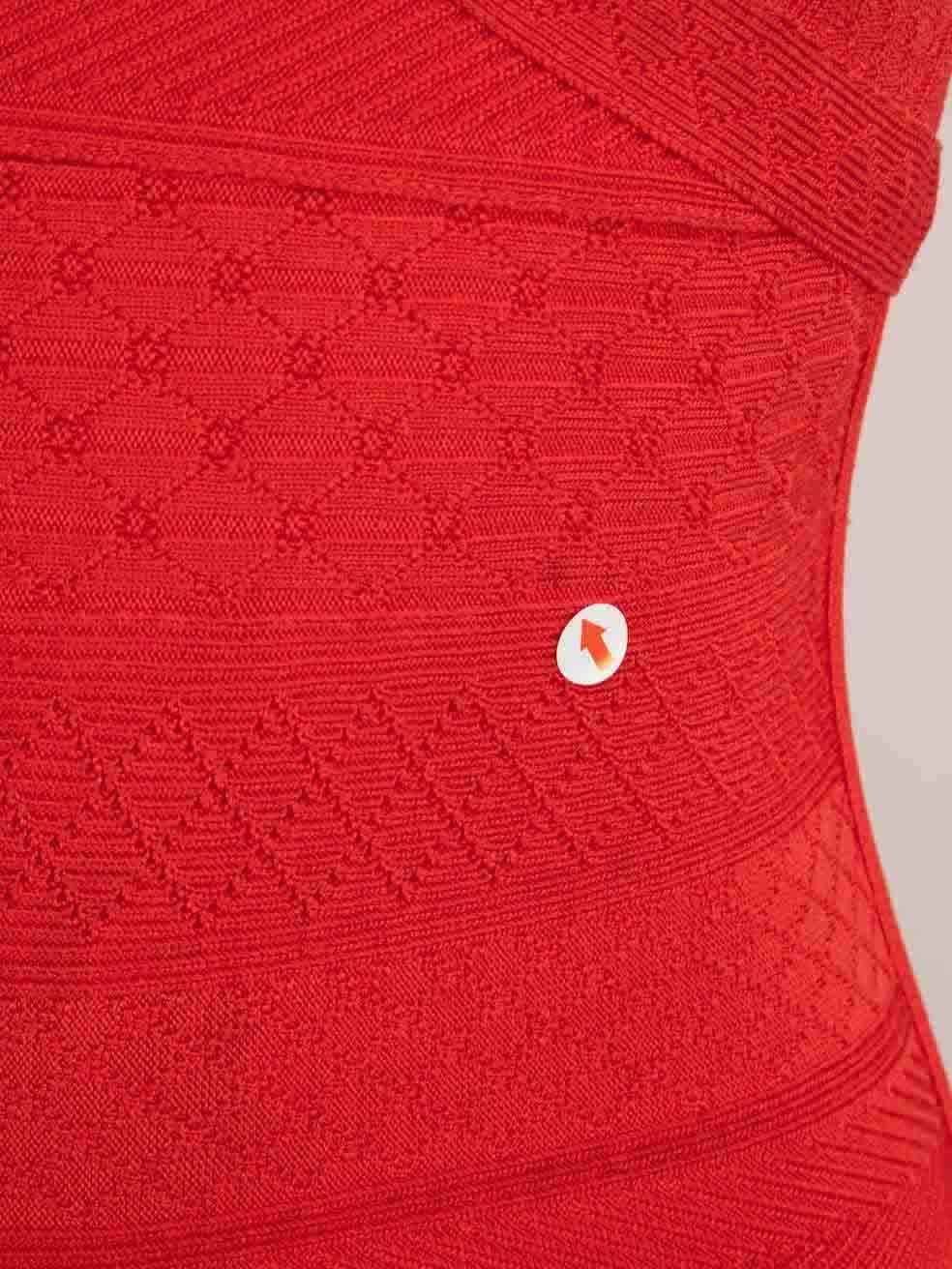 Herve Leger Red V-Neck Knee Length Knit Dress Size S For Sale 1
