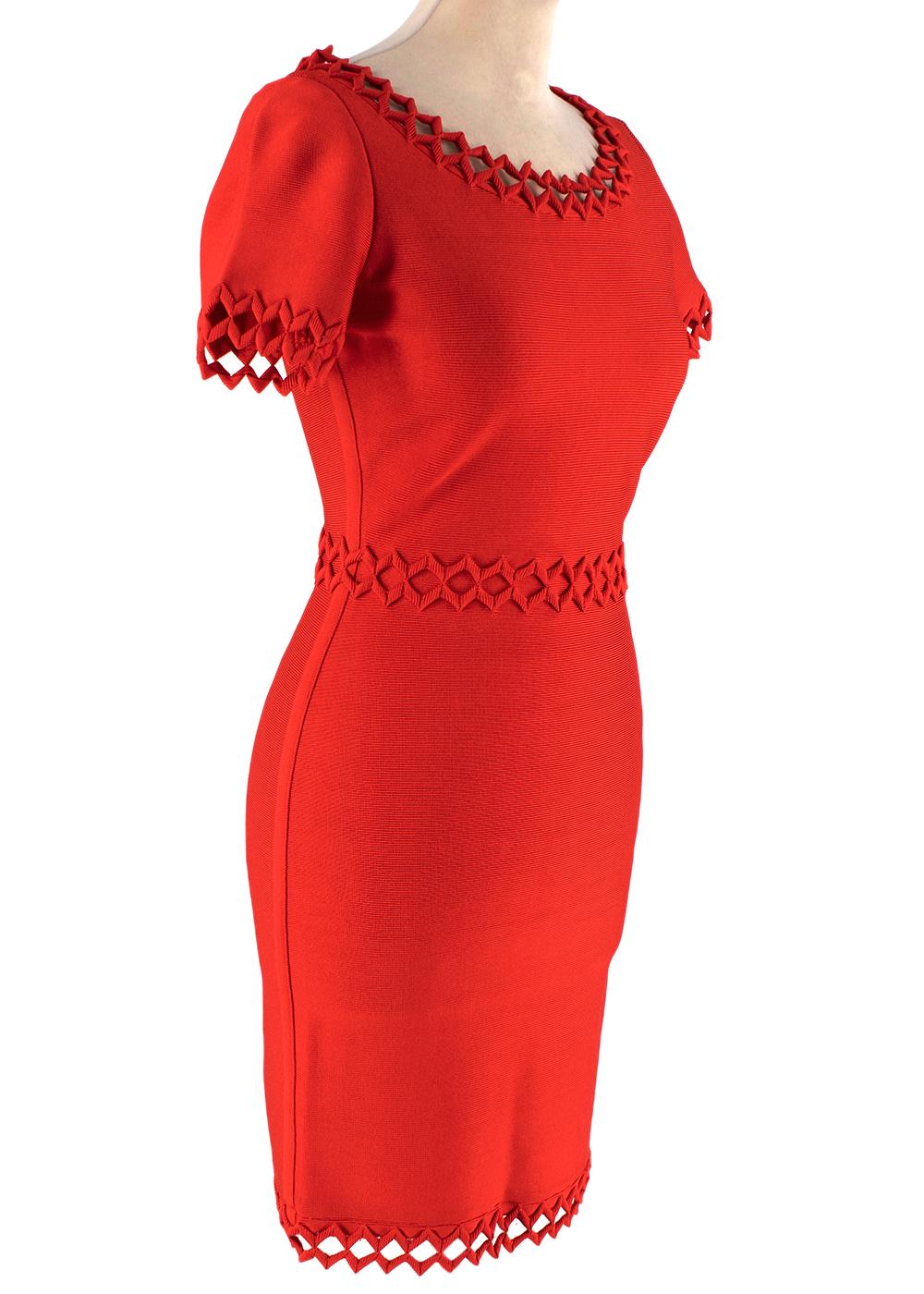 Herve Leger Red Zig-Zag Trim Short Sleeve Bandage Dress

- Pillar-box red hue
- Signature bandage material, creating a form-fitting, supportive silhouette
- Cap sleeve, knee-length
- Zig-zag trim to the bateau neckline, waist, sleeve and