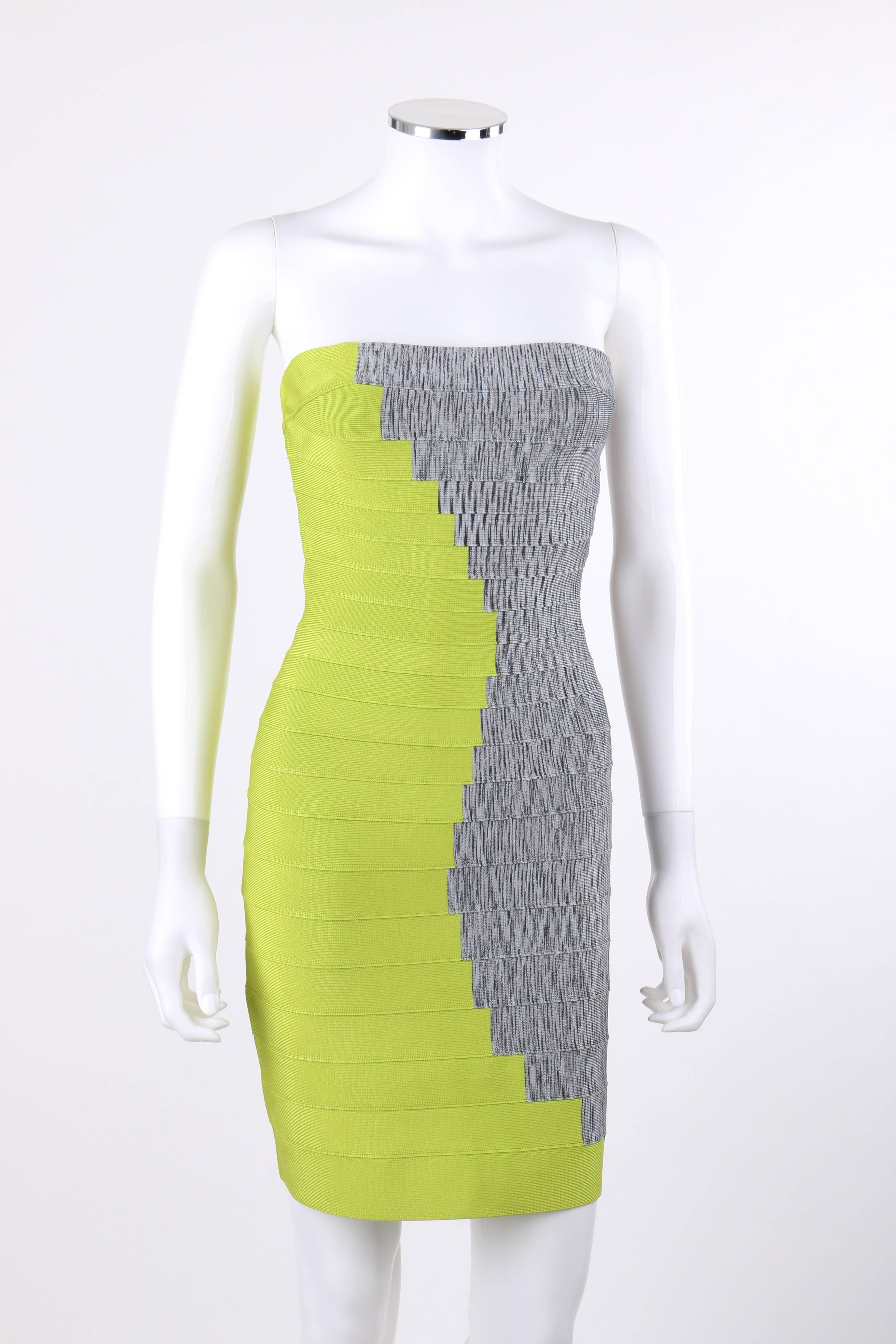 Herve Leger Resort 2010 chartreuse green and gray two-tone bandage knit cocktail dress. Designed by Max Azria. Chartreuse green and heathered gray two-tone curved color-block design. Bodycon / sheath style. Strapless. Center back zipper with four