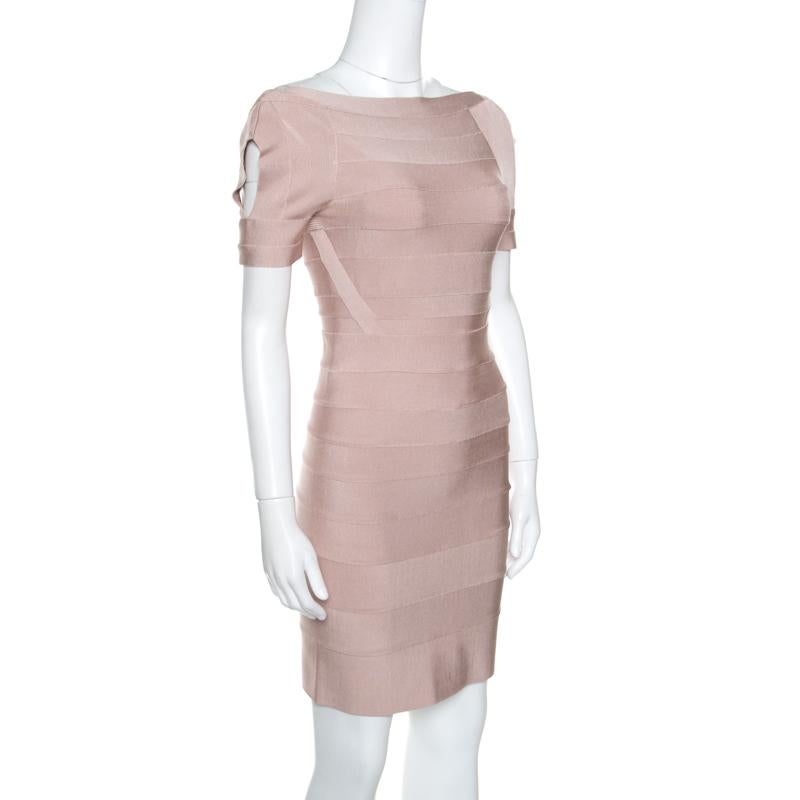 Herve Leger's Bandage dresses are a craze amongst women around the world, and why not! The designs perfectly complement a woman in a manner of utter grace and style. Flaunting a rose blush pink shade with the signature bandage strips, the dress has