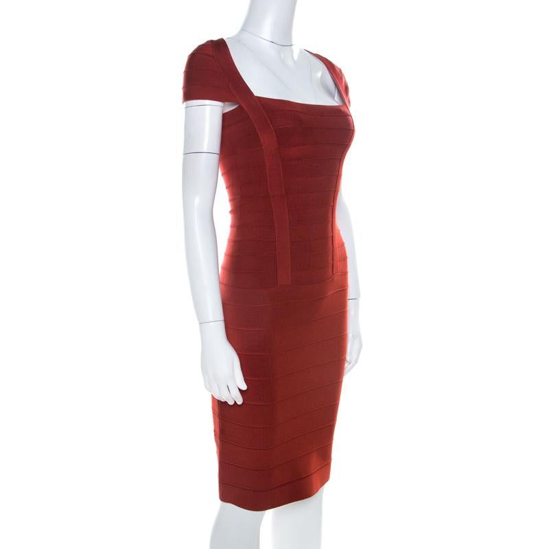 Herve Leger Rust Orange Knit Cap Sleeve Bandage Dress XS In Good Condition In Dubai, Al Qouz 2