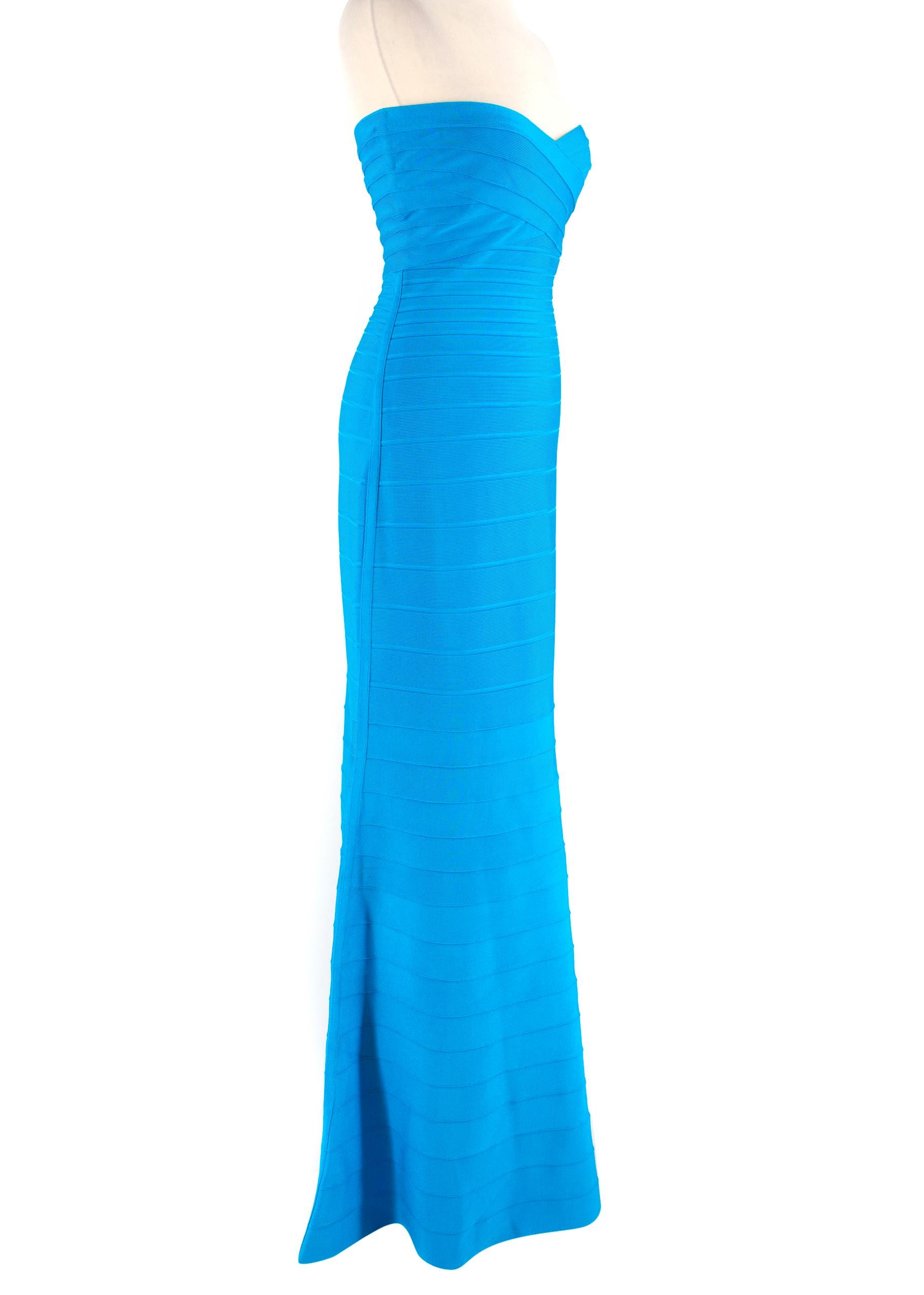 Herve Leger Sara turquoise bandage gown

- Turquoise-blue, heavyweight double knit 
- Bandage design 
- Strapless, internal boning and hook-fastening back strap 
- Centre-back concealed-zip fastening 
- Top internal silicone tape

Please note, these