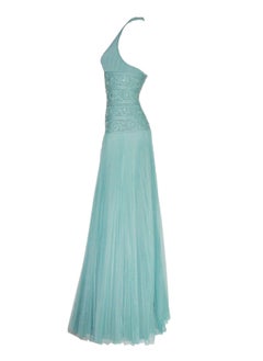 HERVE LEGER 1990s Vintage Seafoam Bandage Gown Maxi Dress Plissee Pleats XS