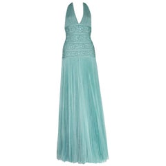 Herve Leger Seafoam Embroidered Bandage Evening Gown Maxi Dress Plissee Pleats