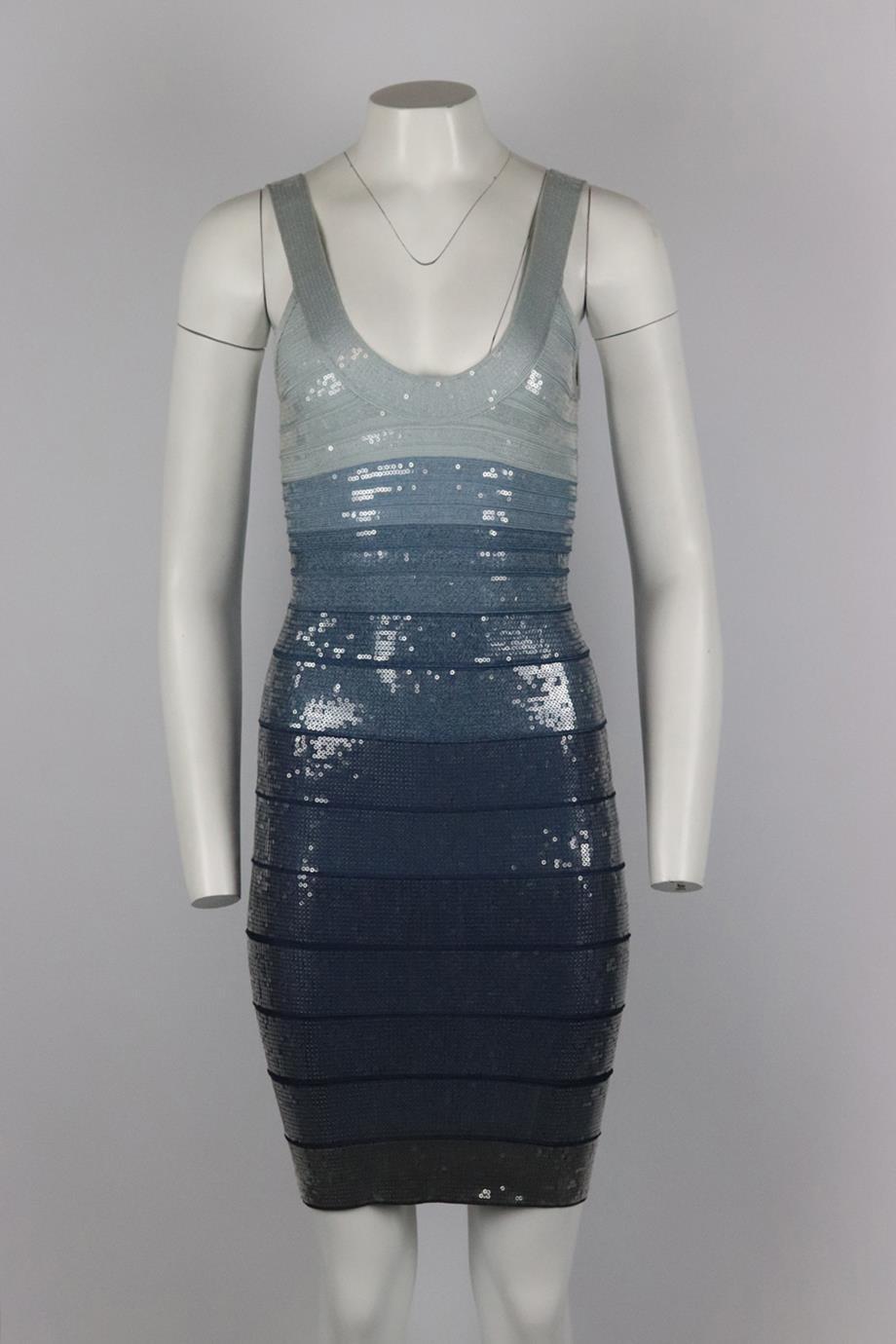 Herve Leger sequined bandage mini dress. Tonal-blue. Sleeveless, scoop neck. Zip fastening at back. 90% Rayon, 9% nylon, 1% spandex. Size: XSmall (UK 6, US 2, FR 34, IT 38). Bust: 30 in. Waist: 26 in. Hips: 35 in. Length: 37 in. Very good condition