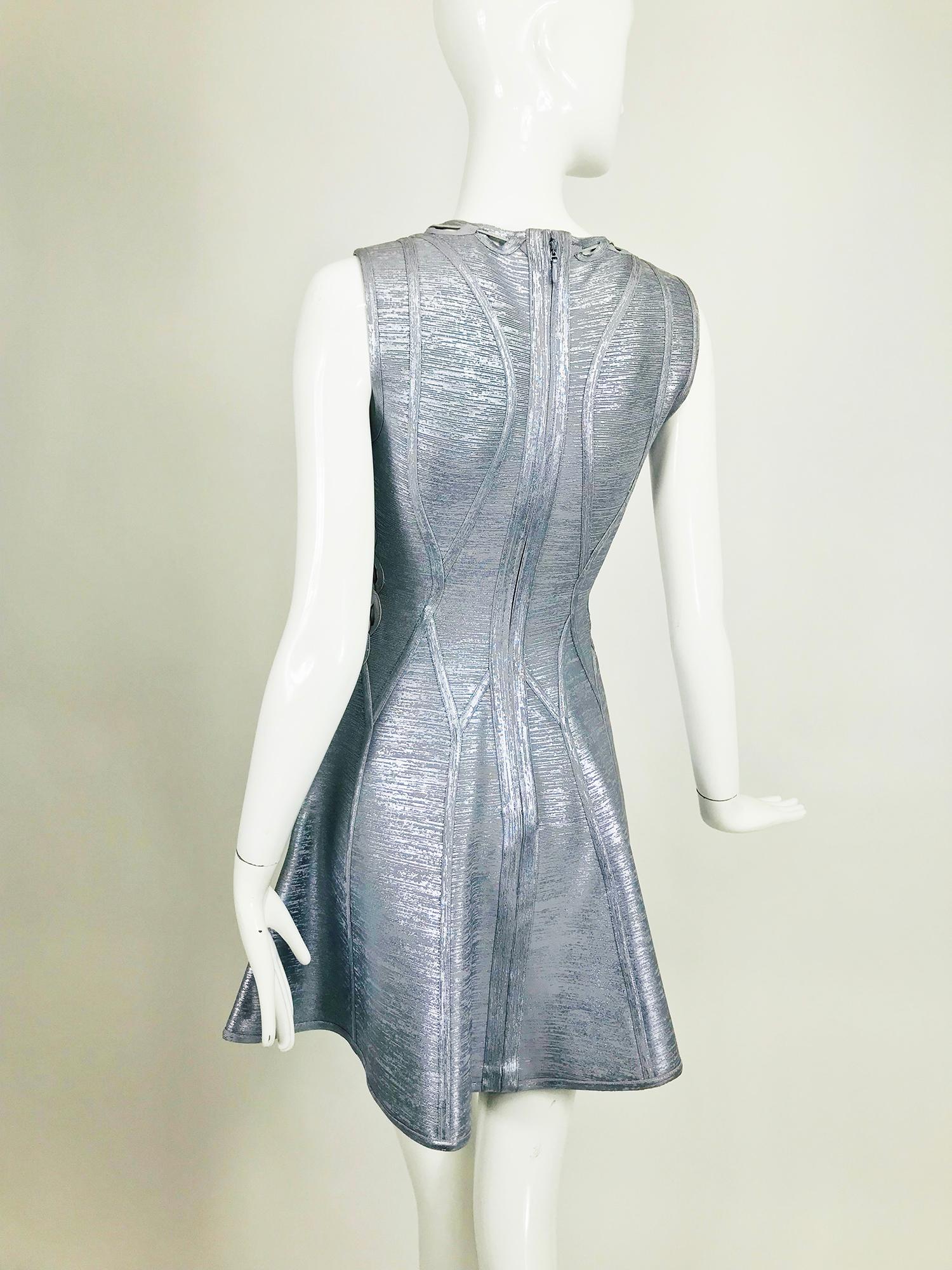 Herve Leger Silver Lavender Metallic Foil Lace Up Fit and Flare Bandage Dress 3