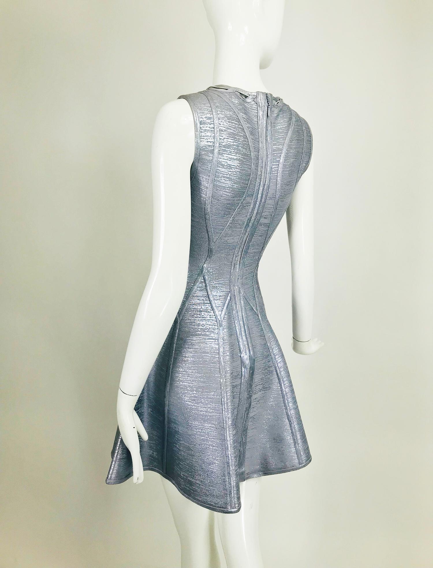 Herve Leger Silver Lavender Metallic Foil Lace Up Fit and Flare Bandage Dress 4