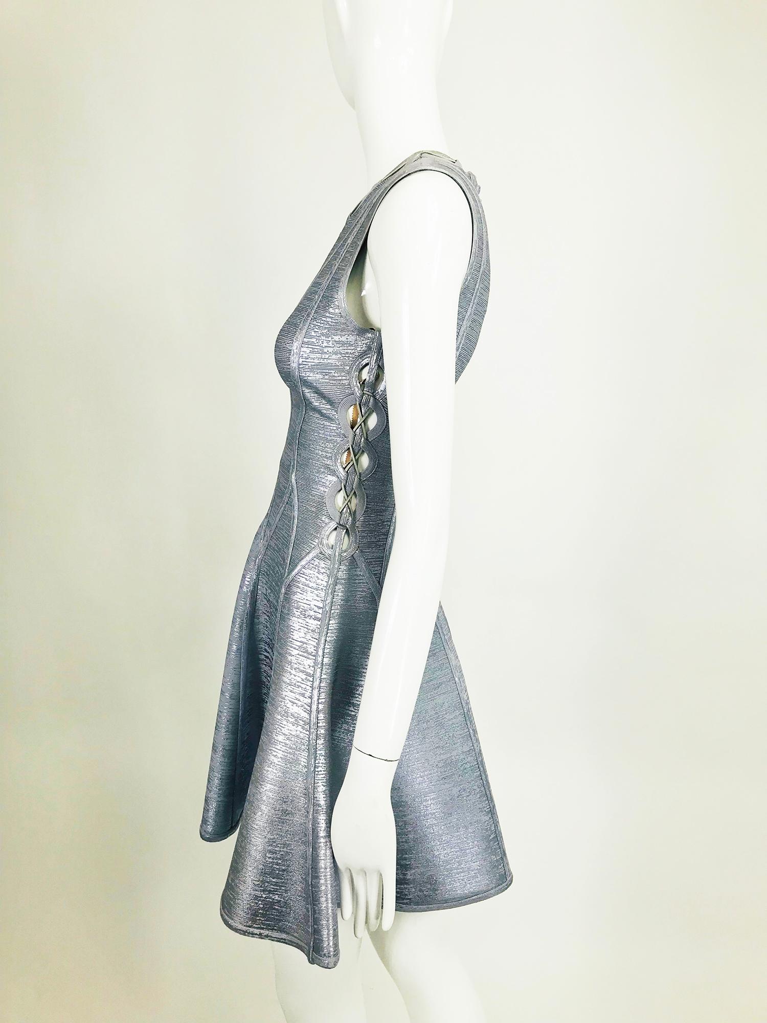 Herve Leger Silver Lavender Metallic Foil Lace Up Fit and Flare Bandage Dress 5
