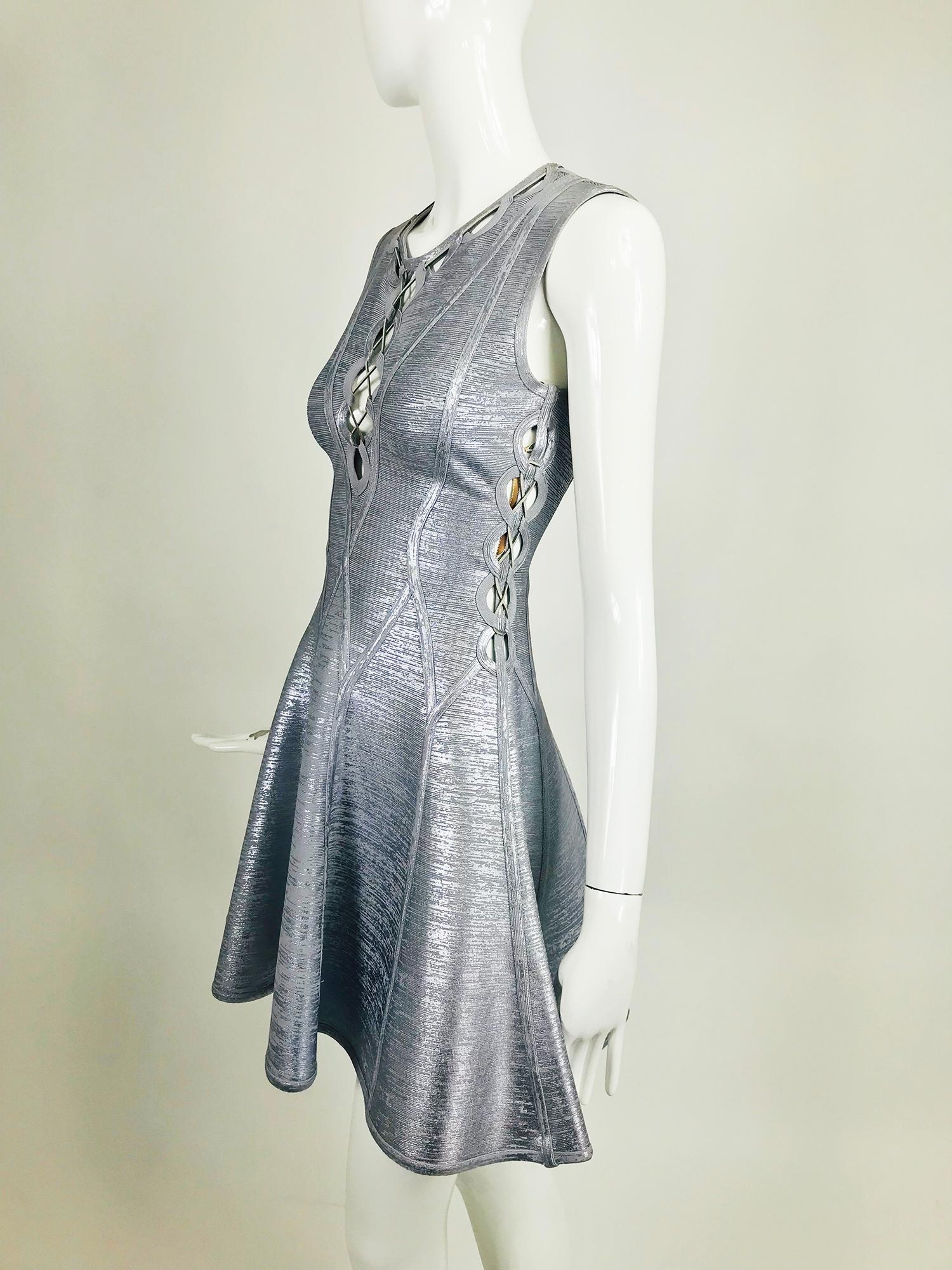 Herve Leger Silver Lavender Metallic Foil Lace Up Fit and Flare Bandage Dress 6