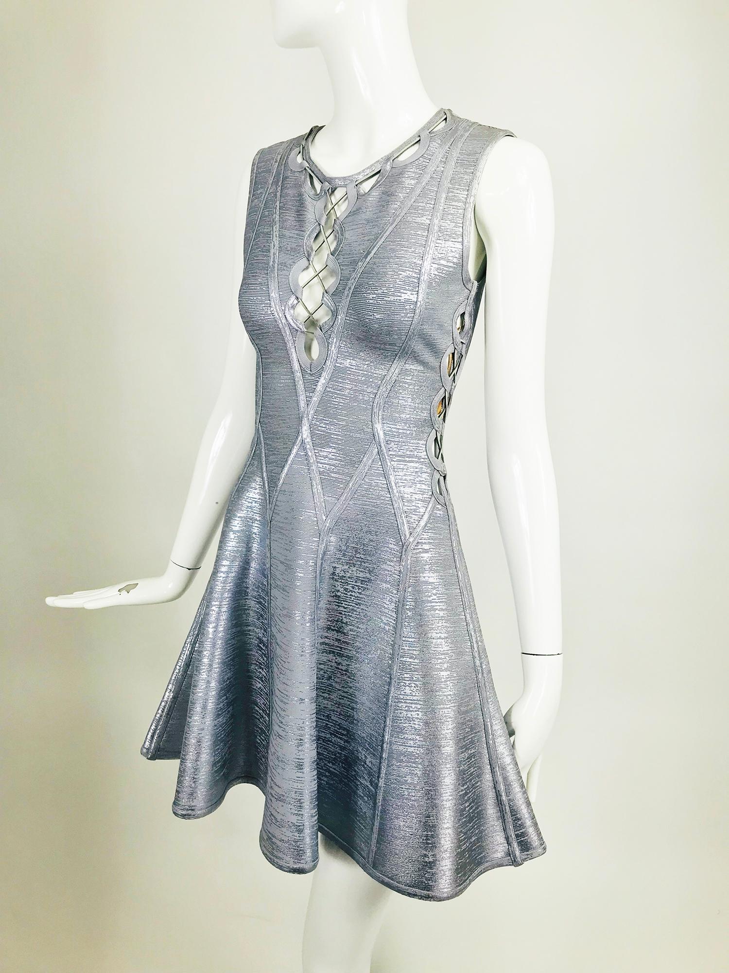 Herve Leger Silver Lavender Metallic Foil Lace Up Fit and Flare Bandage Dress 7