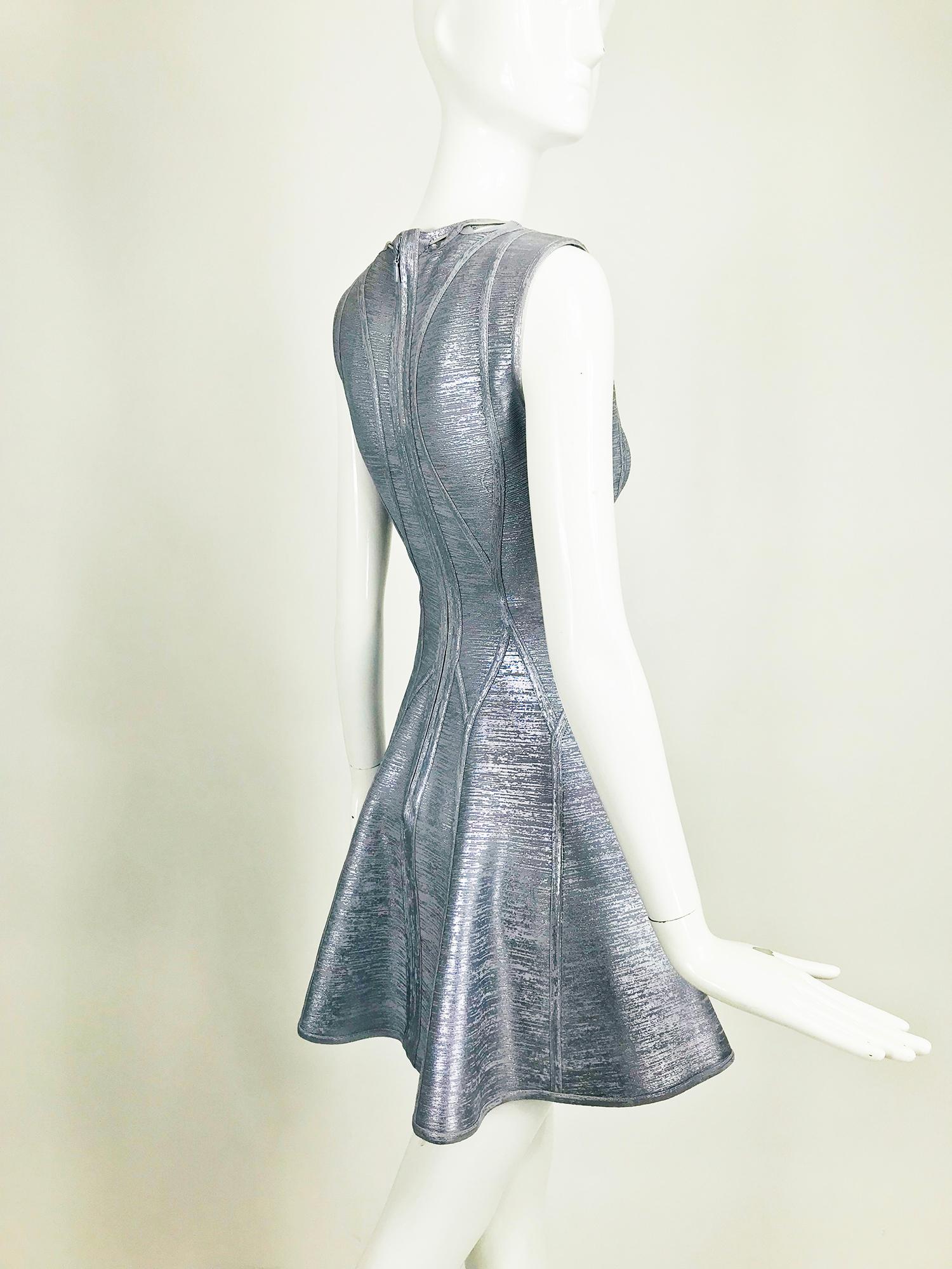 Women's Herve Leger Silver Lavender Metallic Foil Lace Up Fit and Flare Bandage Dress