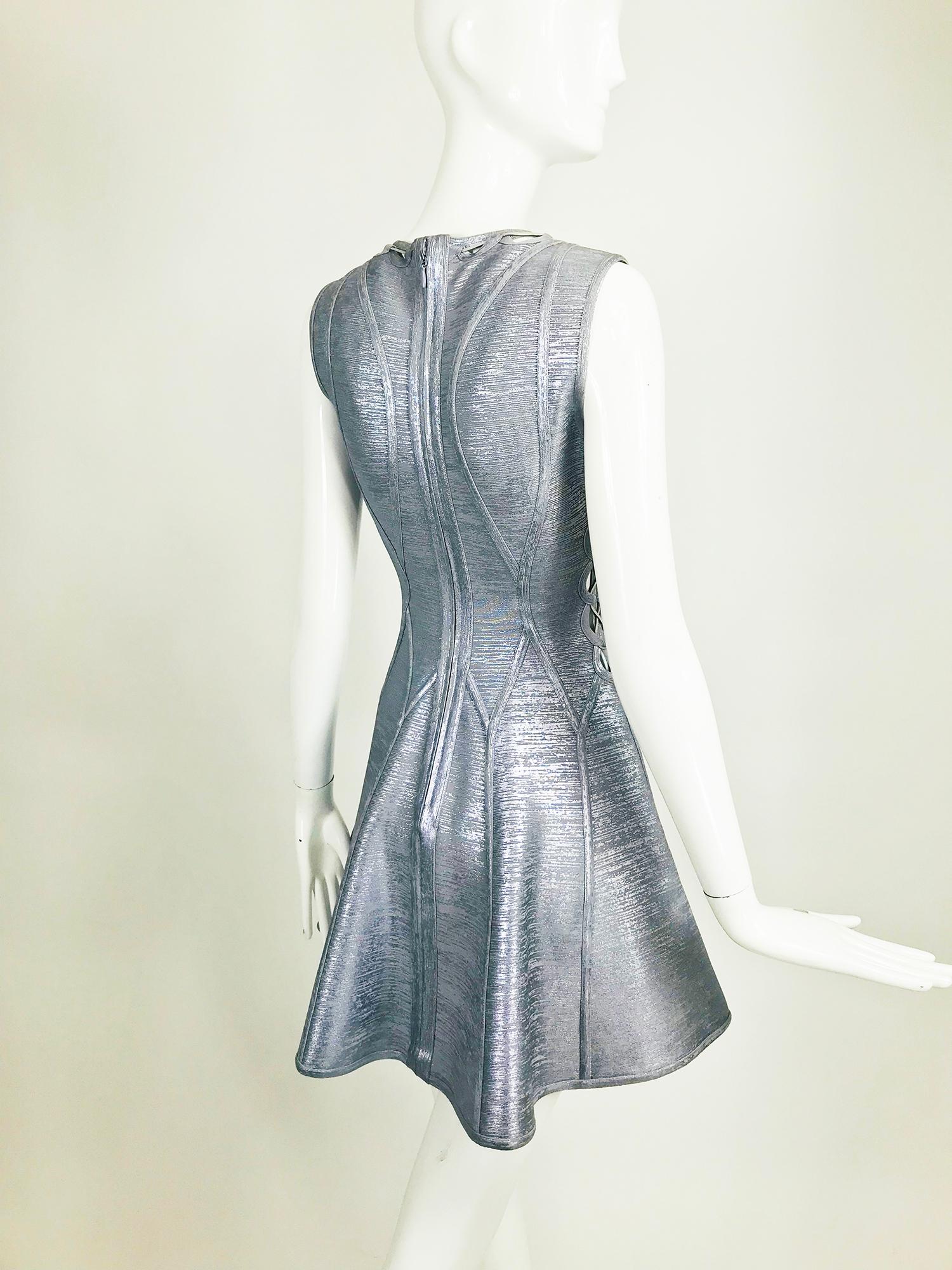 Herve Leger Silver Lavender Metallic Foil Lace Up Fit and Flare Bandage Dress 1