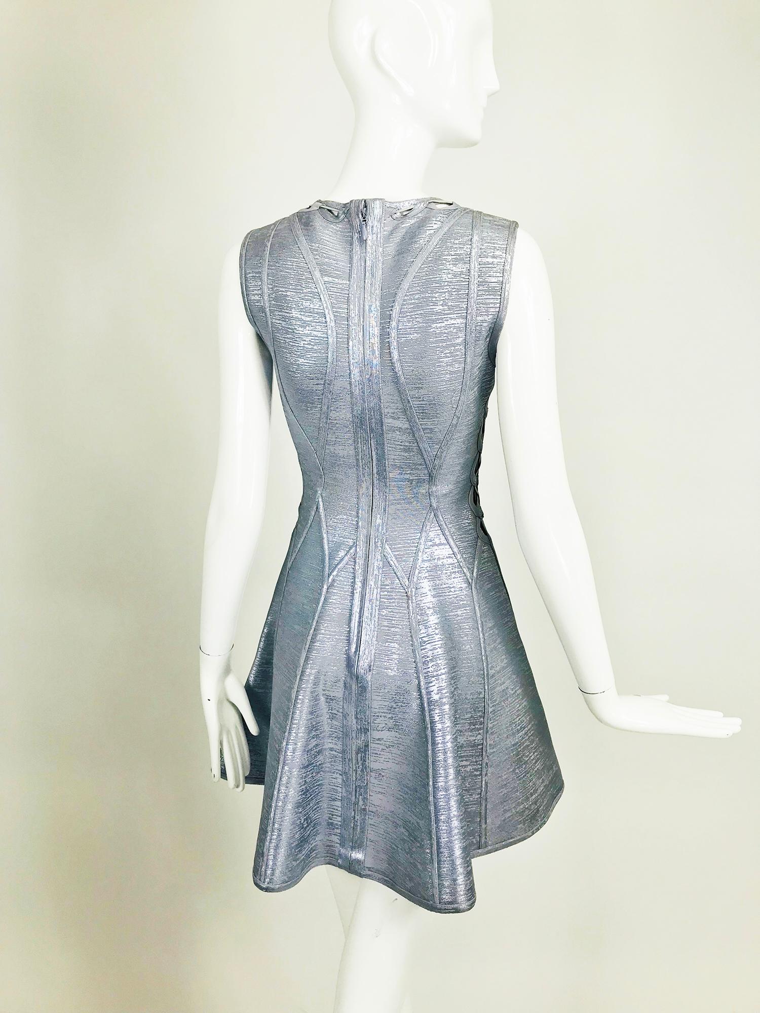 Herve Leger Silver Lavender Metallic Foil Lace Up Fit and Flare Bandage Dress 2