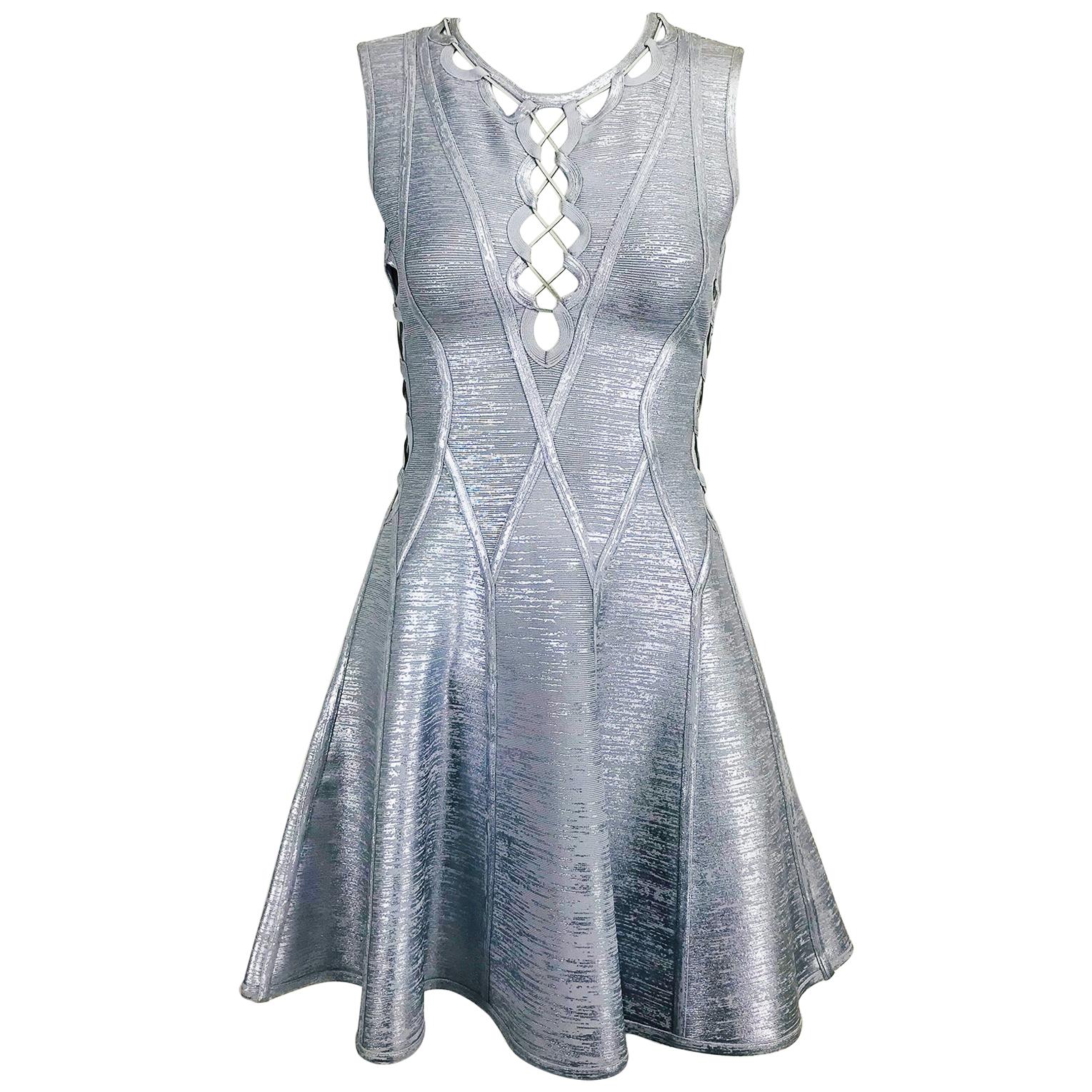 Herve Leger Silver Lavender Metallic Foil Lace Up Fit and Flare Bandage Dress