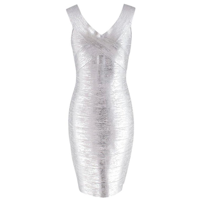 Herve Leger Silver Metallic Bandage Mini Dress - Size L For Sale at ...