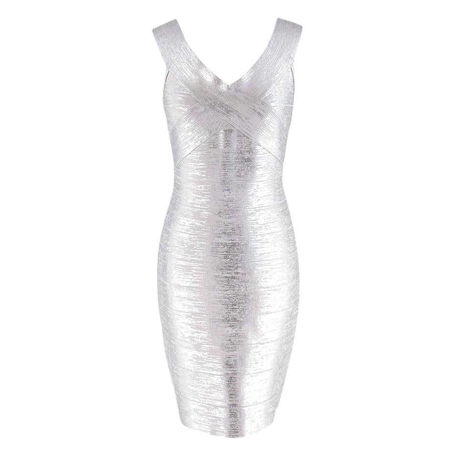 Herve Leger Silver Metallic Bandage Mini Dress - Size L For Sale
