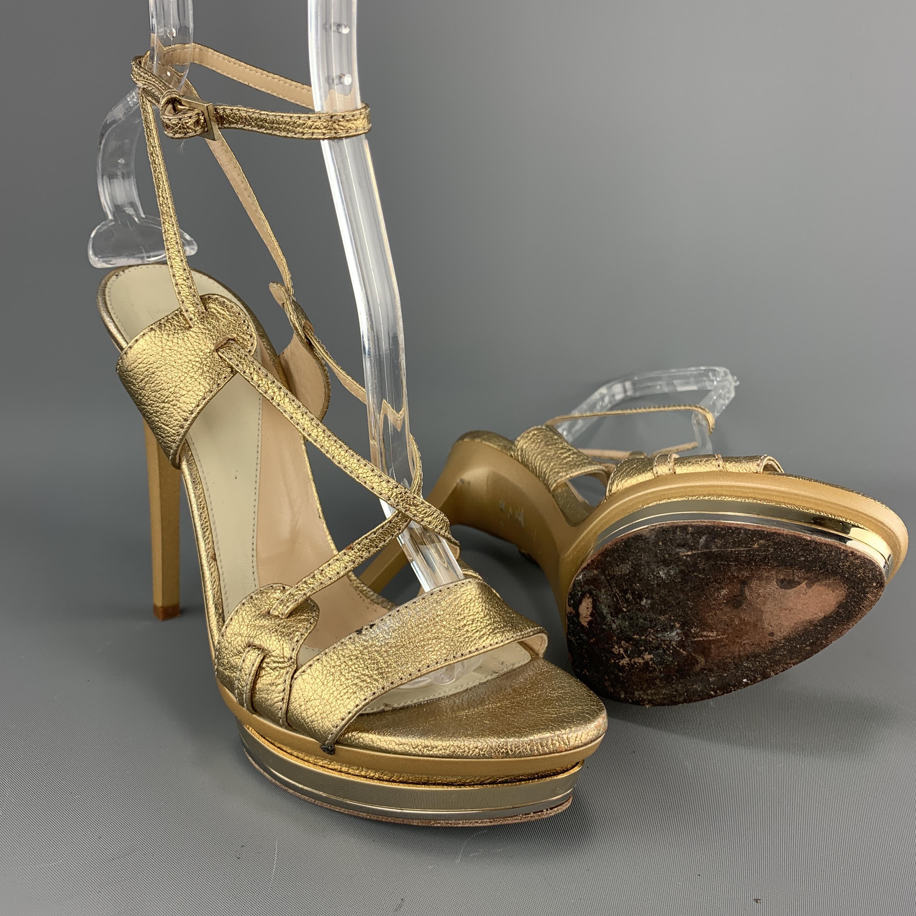 Brown HERVE LEGER Size 7 Metallic Gold Leather Platform Sandals