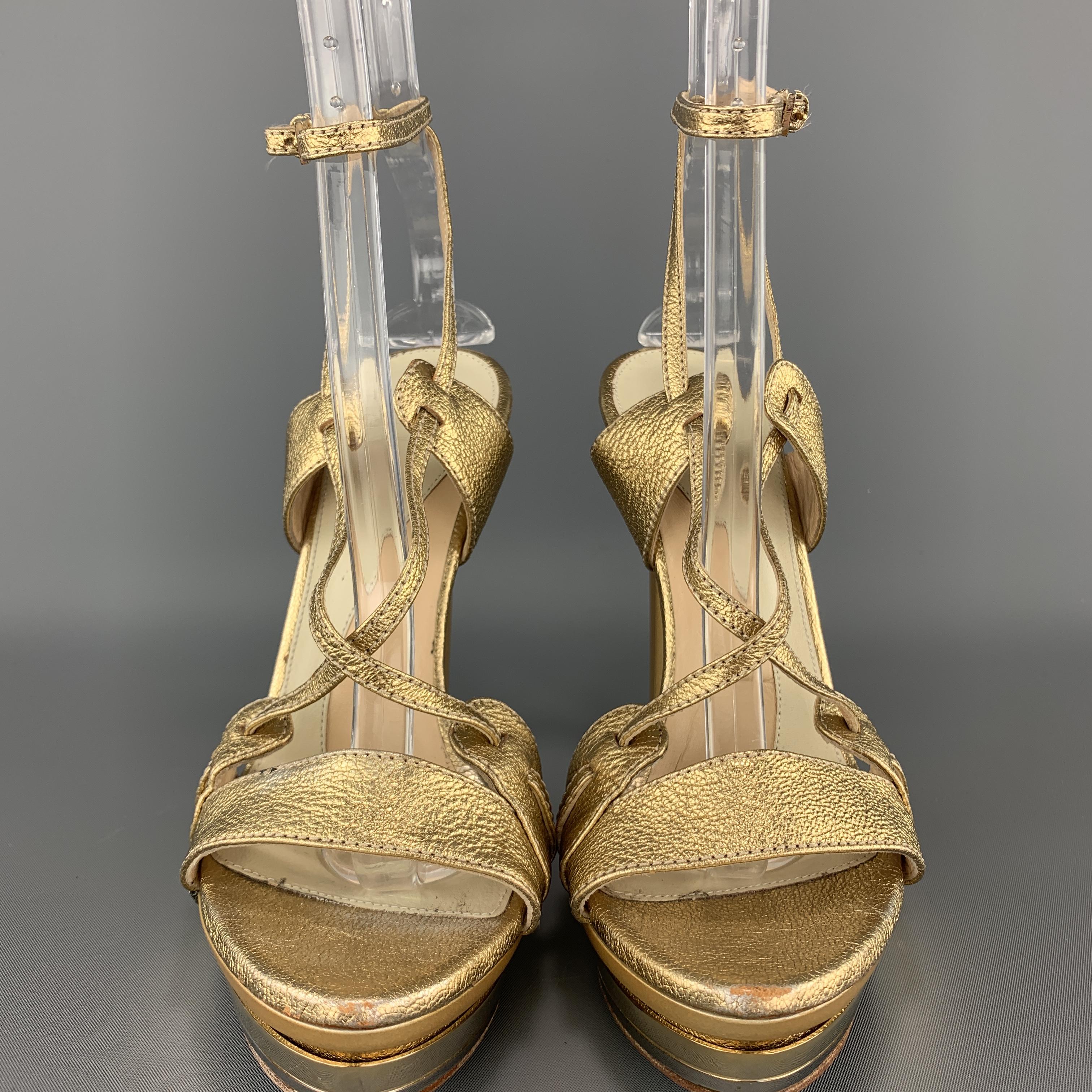 HERVE LEGER Size 7 Metallic Gold Leather Platform Sandals In Fair Condition In San Francisco, CA