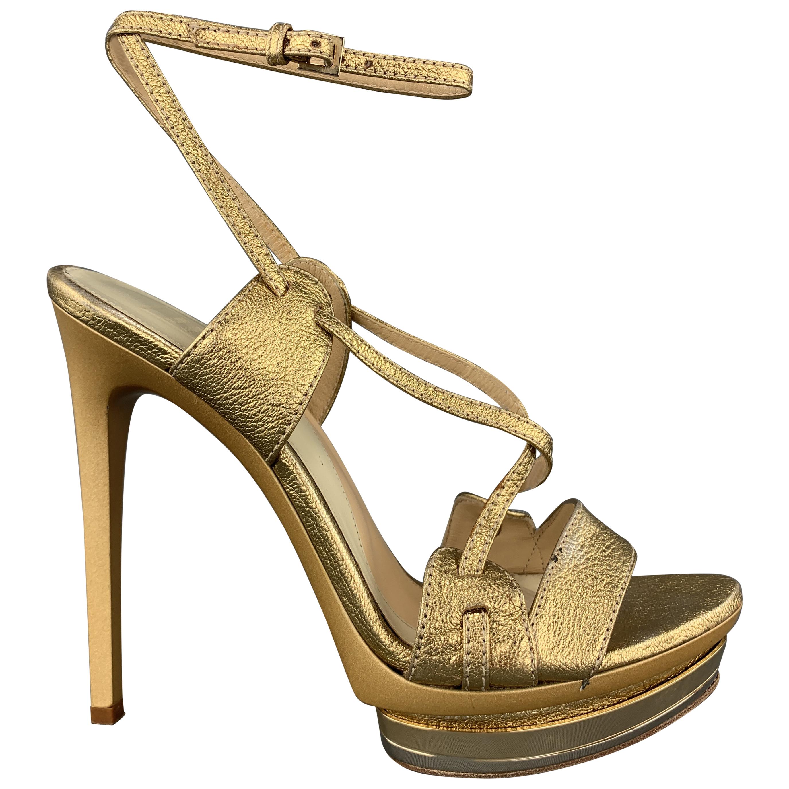 HERVE LEGER Size 7 Metallic Gold Leather Platform Sandals