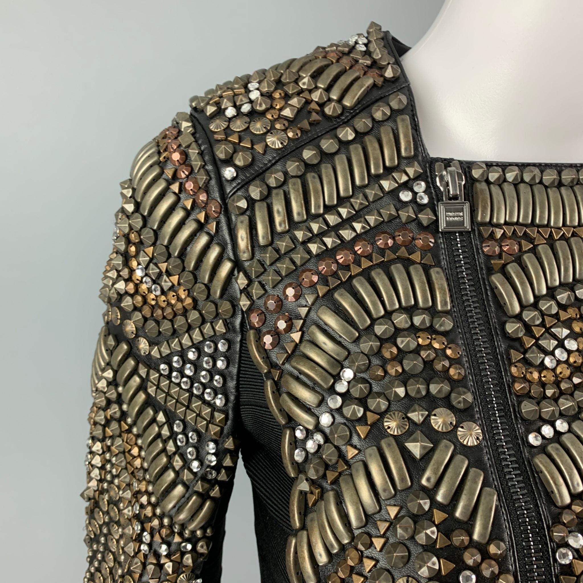 HERVE LEGER Size S Black Metallic Leather Cropped Jacket In Excellent Condition In San Francisco, CA