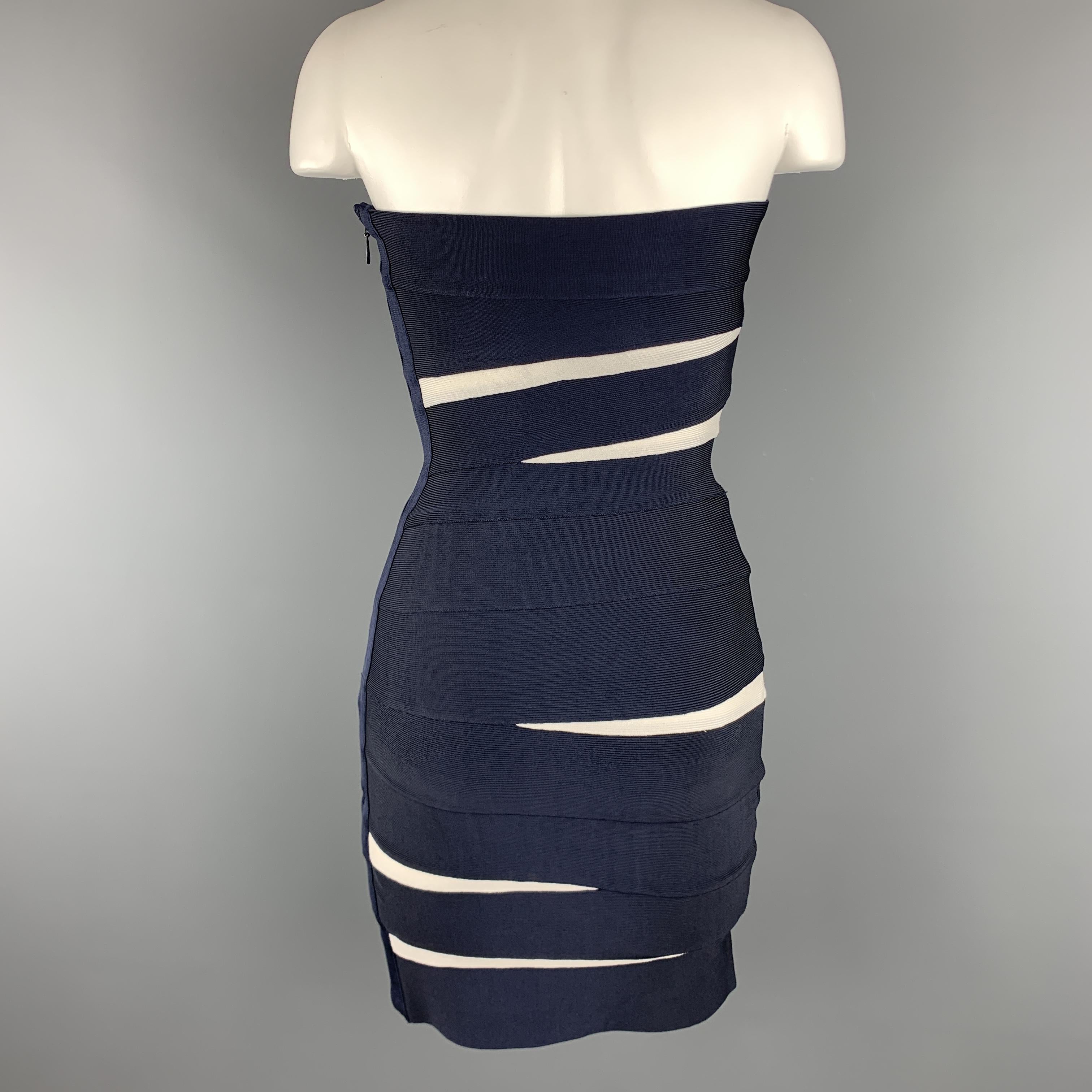 Black HERVE LEGER Size S Navy R& White Strapless Bandage Sheath Dress
