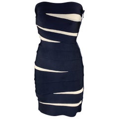 HERVE LEGER Size S Navy R& White Strapless Bandage Sheath Dress
