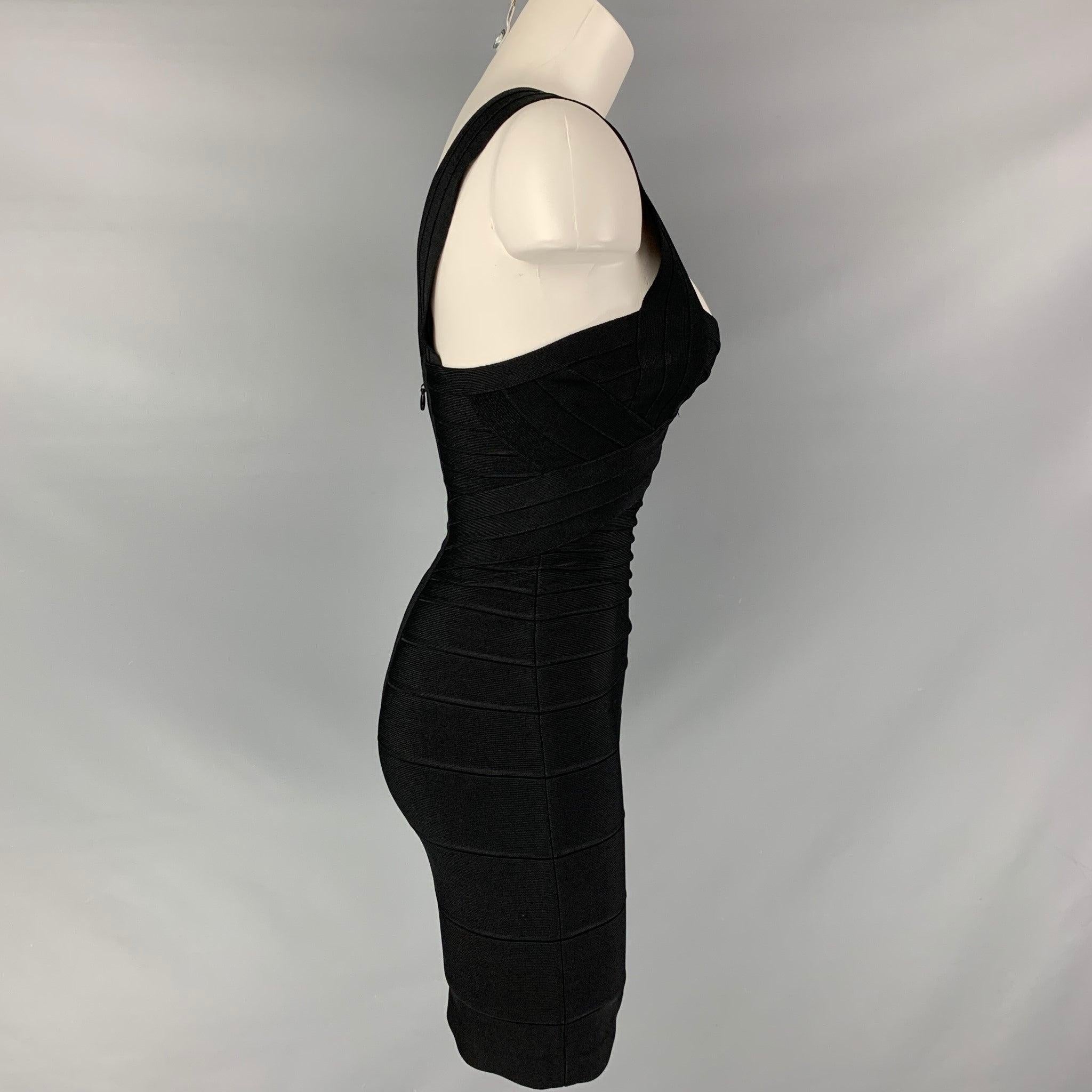 HERVE LEGER cocktail dress comes in black rayon blend knit fabric featuring a sleeveless, bodycon shape, v- neck, and a back zipper closure.Excellent Pre-Owned Condition.
  
 

 Marked:  XS 
 

 Measurements: 
  Bust: 28 inches Waist: 24 inches Hip: