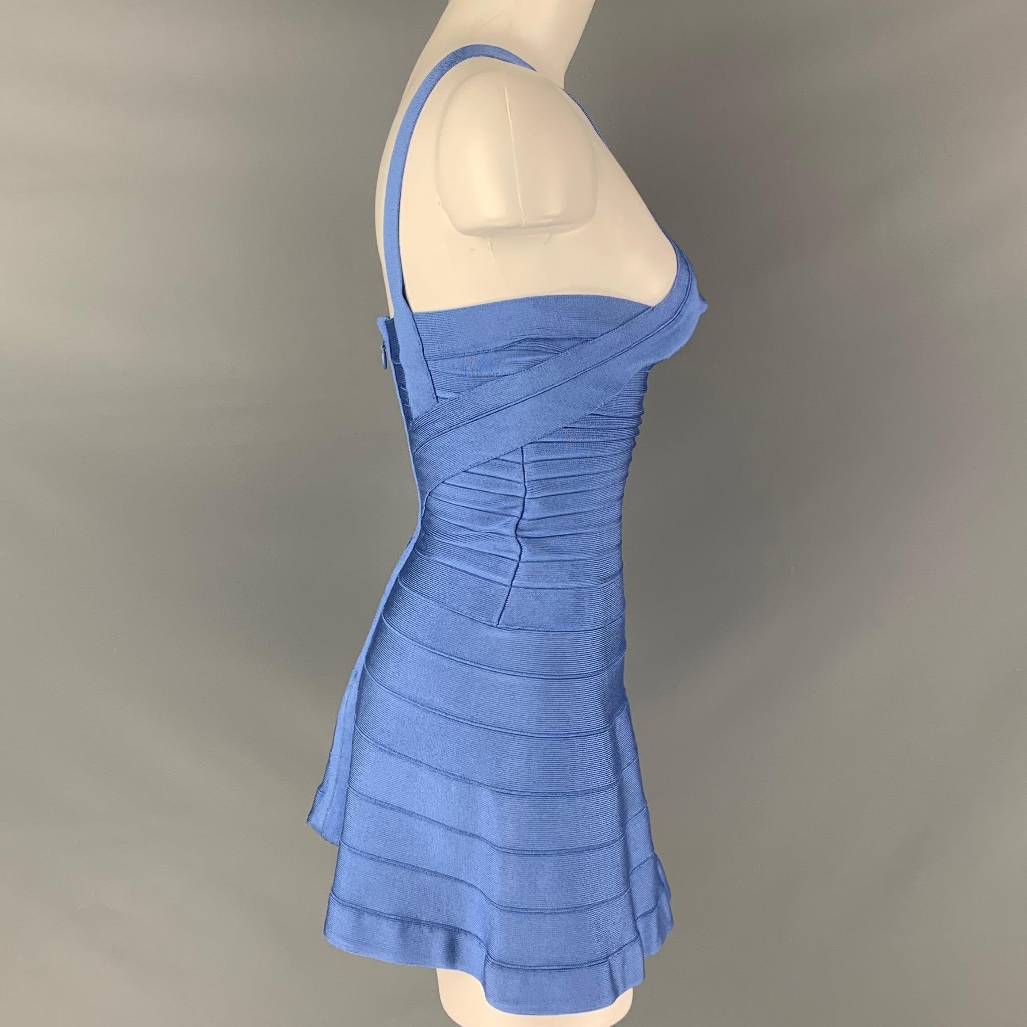 HERVE LEGER cocktail mini dress comes in blue rayon blend knit fabric featuring a strappy neckline, A-line shape, and a back zipper closure.Good Pre-Owned Condition.
 As Is. Garment Altered. 
 

 Marked:  XXS 
 

 Measurements: 
  Bust: 28 inches