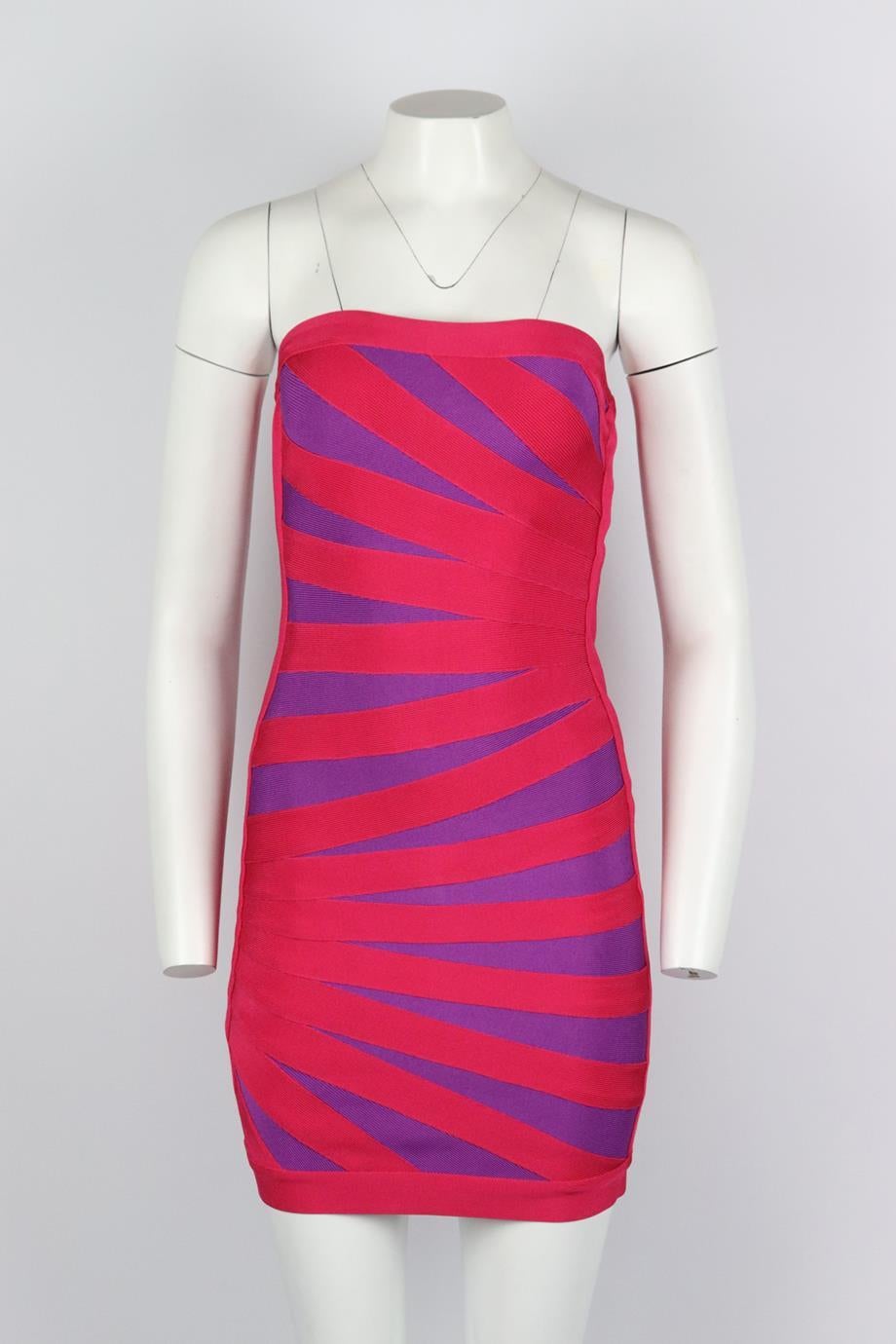 Herve Leger strapless bandage mini dress. Pink and purple. Sleeveless, bandeau. Zip fastening at back. 90% Rayon, 9% nylon, 1% spandex. Size: Small (UK 8, US 4, FR 36, IT 40). Bust: 27 in. Waist: 24.4 in. Hips: 30.6 in. Length: 27 in. Very good