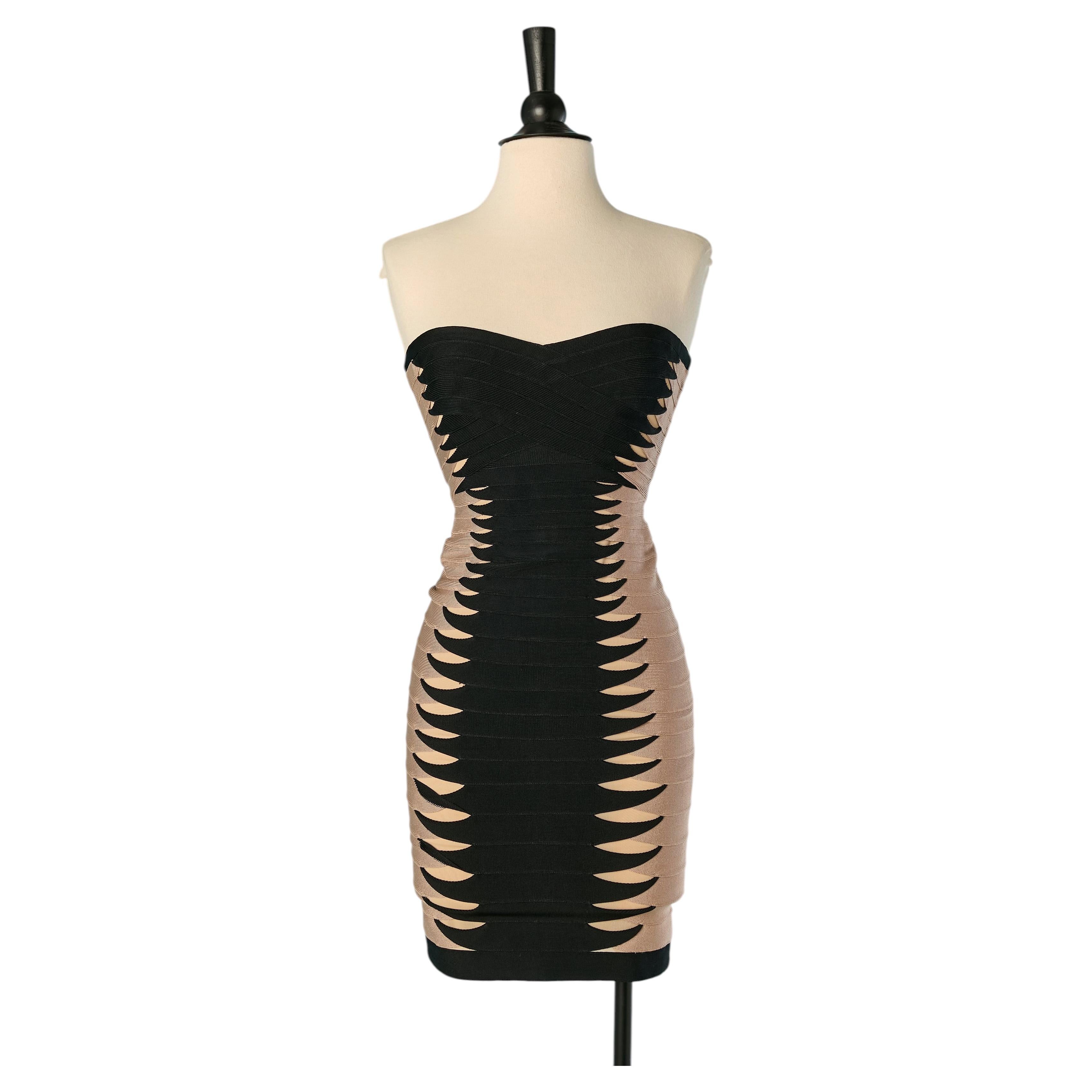 Vestido sin tirantes de Hervé Léger con bandas elásticas negras y beige