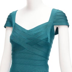 HERVE LEGER teal green cap sleeve sweetheart fit flare bandage dress S