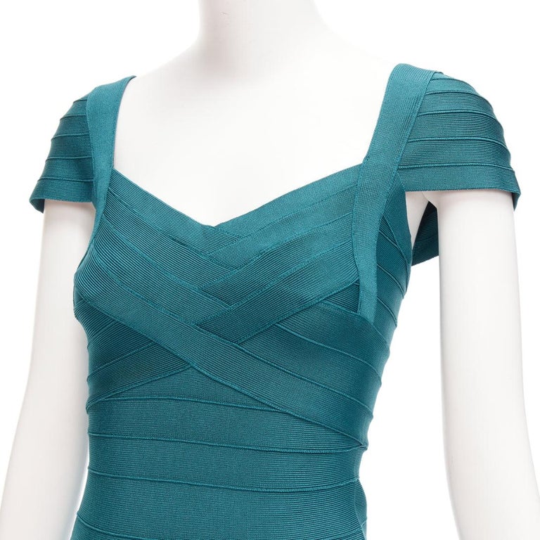 HERVE LEGER teal green cap sleeve sweetheart fit flare bandage dress S For  Sale at 1stDibs