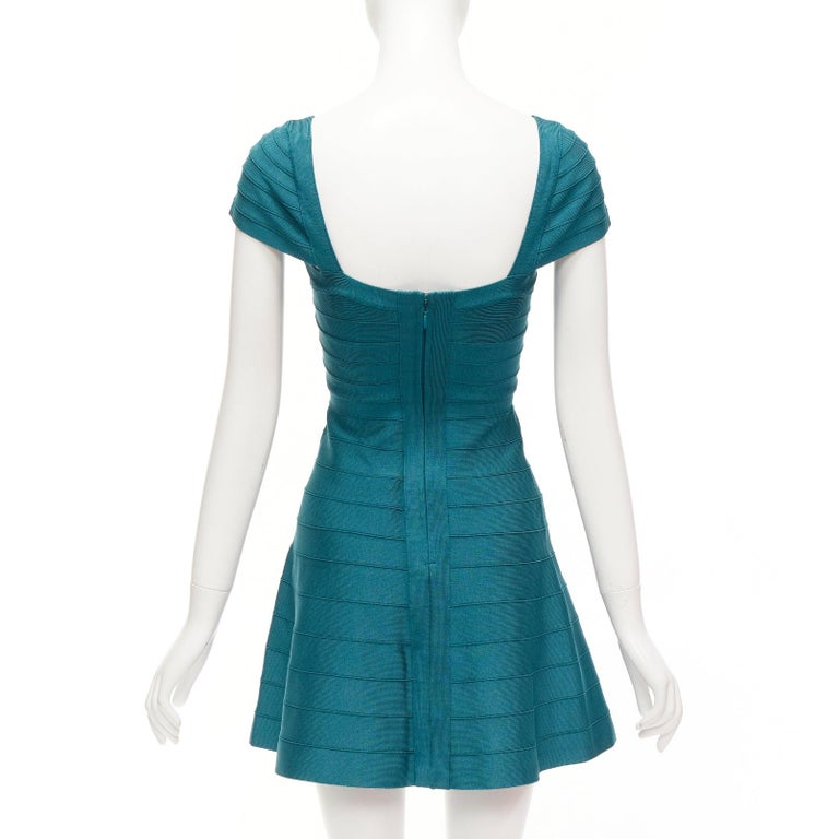 Herve Leger Teal Green Cap Sleeve Sweetheart Fit Flare Bandage Dress S