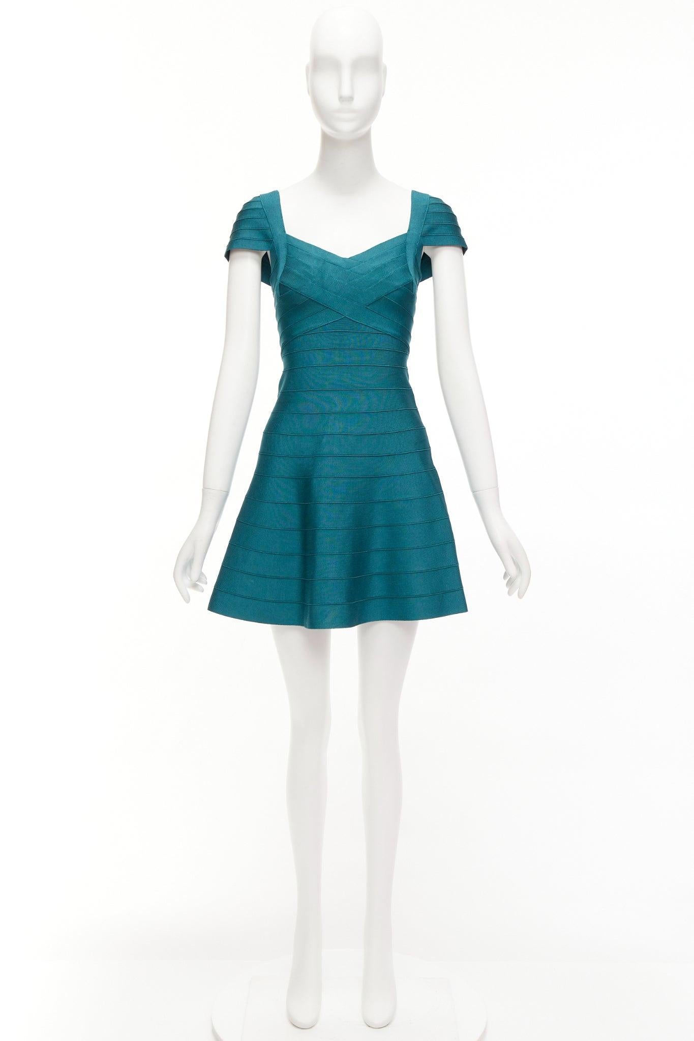 HERVE LEGER vestido de tirantes de manga larga y corte corazón en verde azulado S en venta 4